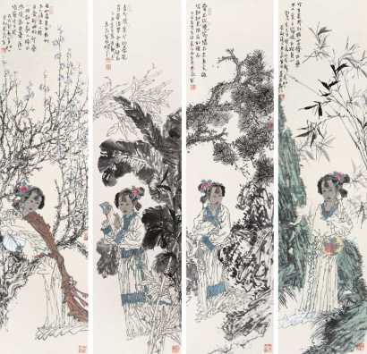 徐惠泉 2005年作 仕女组画 镜心四条屏